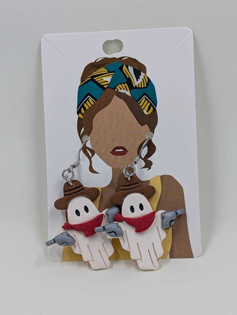 Cowboy Ghost Drop Earrings - Brown, Red & White